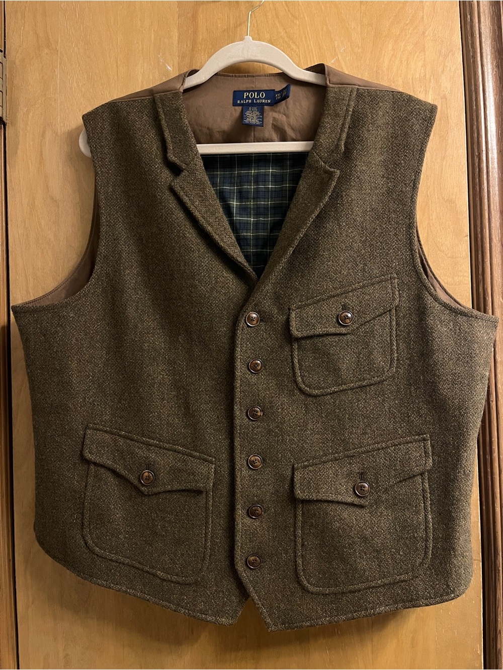 Polo Ralph Lauren Brown Tweed Wool Vest Waistcoat Tartan Hunting RARE XXL